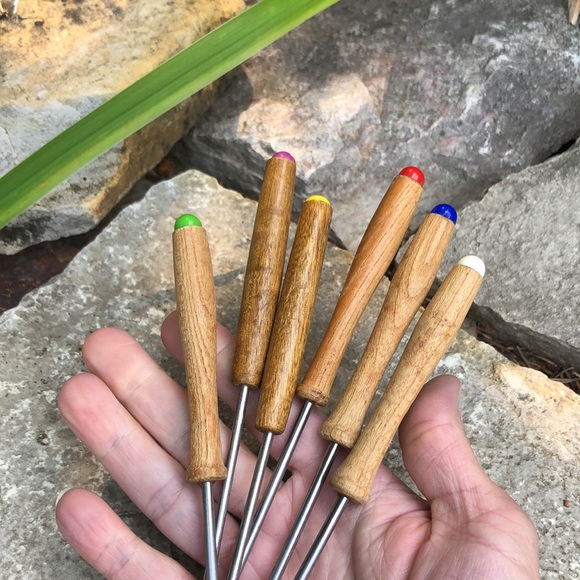Set of Six Gently Used Fondue Forks-Wooden Handles-Vintage - Picture 10 of 13